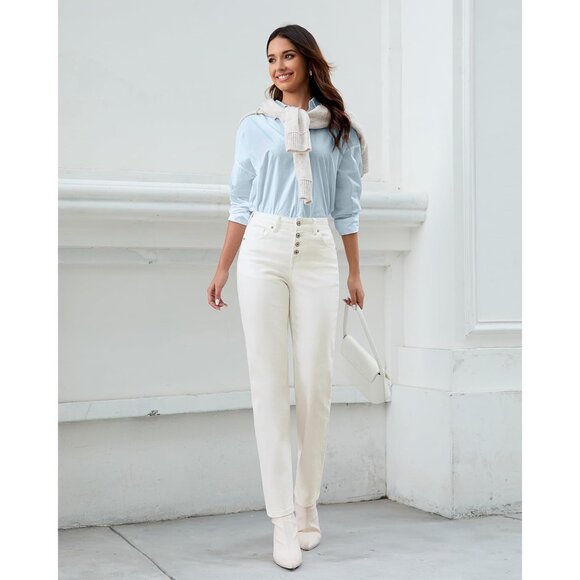 High Waisted Womens Jeans Stretchy Denim Straight Leg with Pockets for Casual - Picture 4 of 6